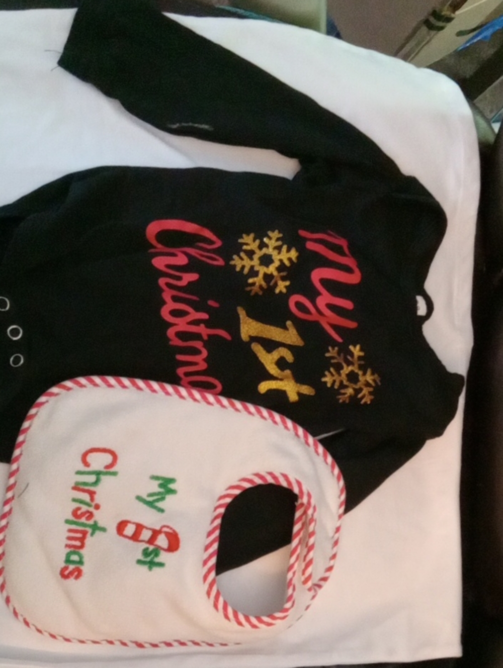 Baby's 1st Christmas Long Sleeved Black Onesie & Terry Cloth Bib by FIsher-Price